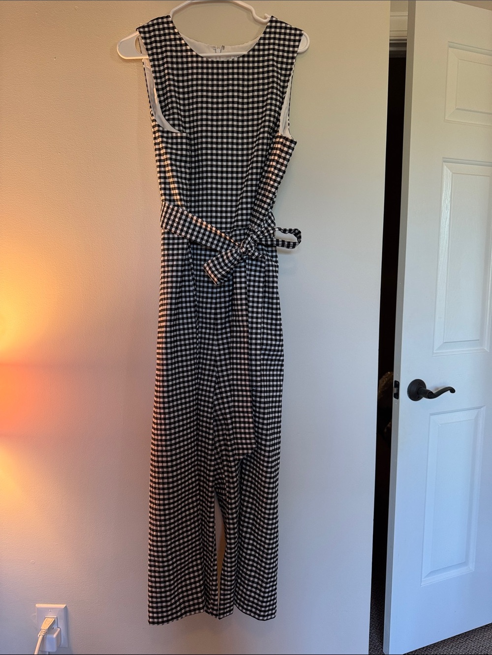 Preston & York Black and White Gingham Tie-Waist Sleeveless Jumpsuit